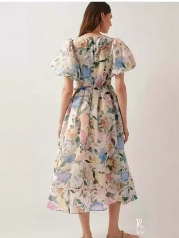 Dress 2025 Summer Seaside Vacation V Collar Bubble Sleeves Short Sleeve Splicing Big Swing Long Skirt Tide